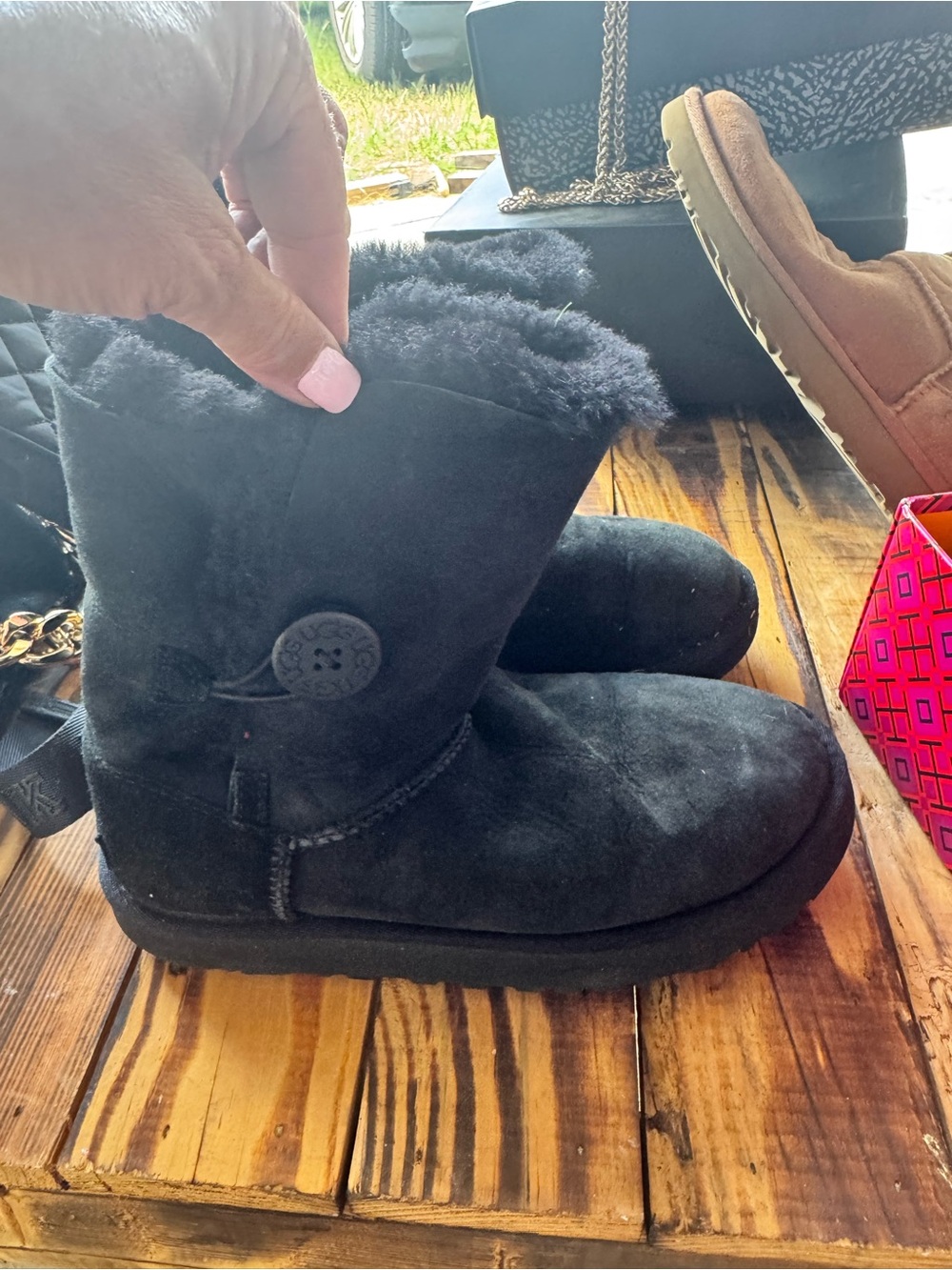Black Shearling-Lined Short Winter Boots with Button Detail
